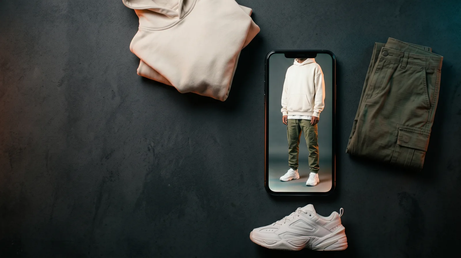 A phone showing a photo of someone in a cream hoodie, olive cargo trousers and white trainers, with those same three pieces laid out around it.