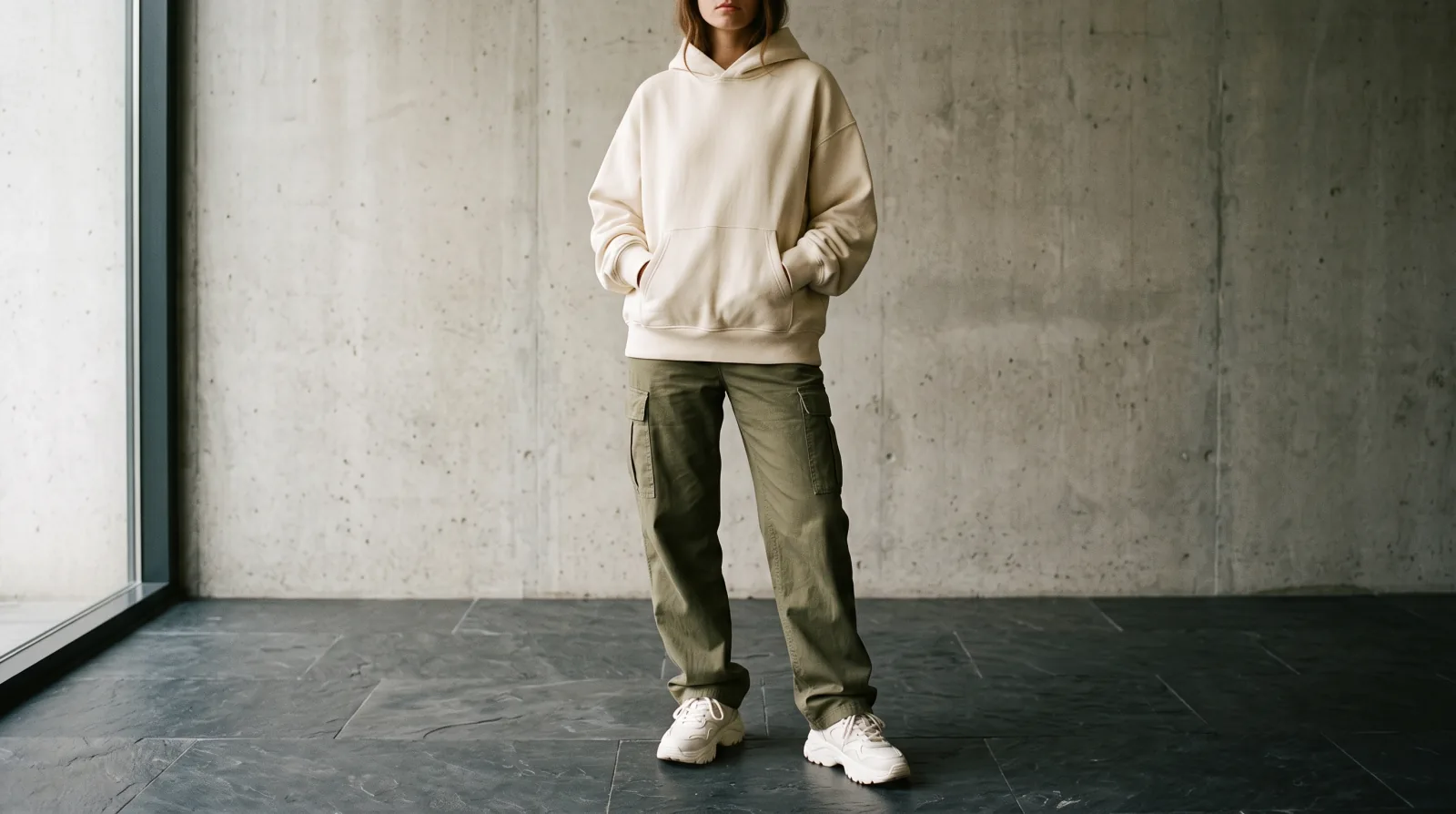 A full outfit photographed from the collarbone down, cream oversized hoodie over olive cargo trousers and white chunky sneakers, on a dark slate floor.